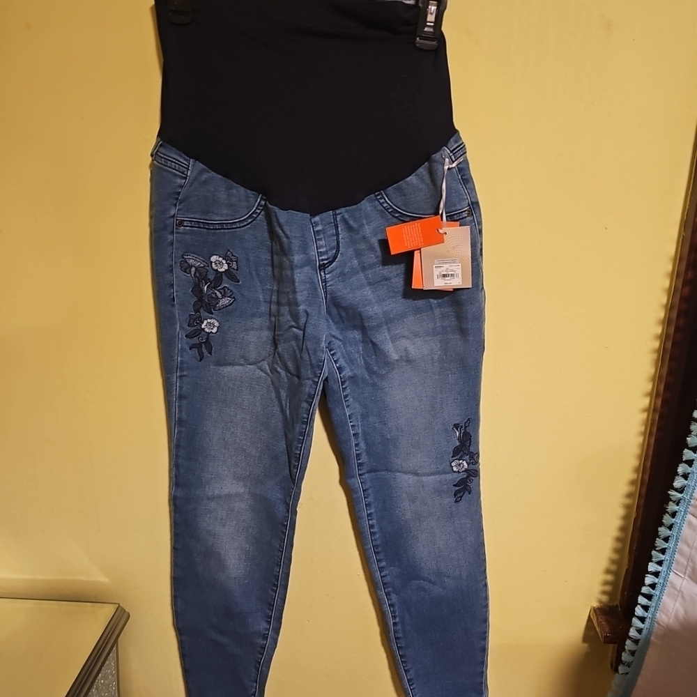 NWT A:glow Maternity size 10 Jeggings Blue Jeans Floral Design On Legs